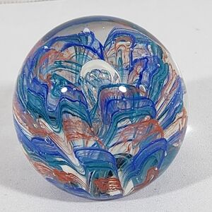 Paperweight Swirl Ribbon Controlled Bubble Art Glass Blue Red Coral Green 2.25"
